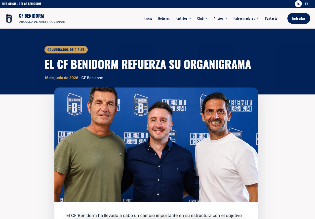 Official CF Benidorm website (prototype): news article
